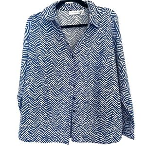 Susan Graver Stretch Woven Shirt Navy Blue White Print Large Petite